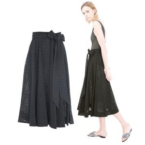 Lisa Marie‎ Fernandez Belted Button Front Eyelet Midi Skirt Black Size S